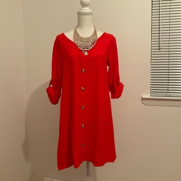 Red half sleeve shirt dress - Picture 2 of 7
